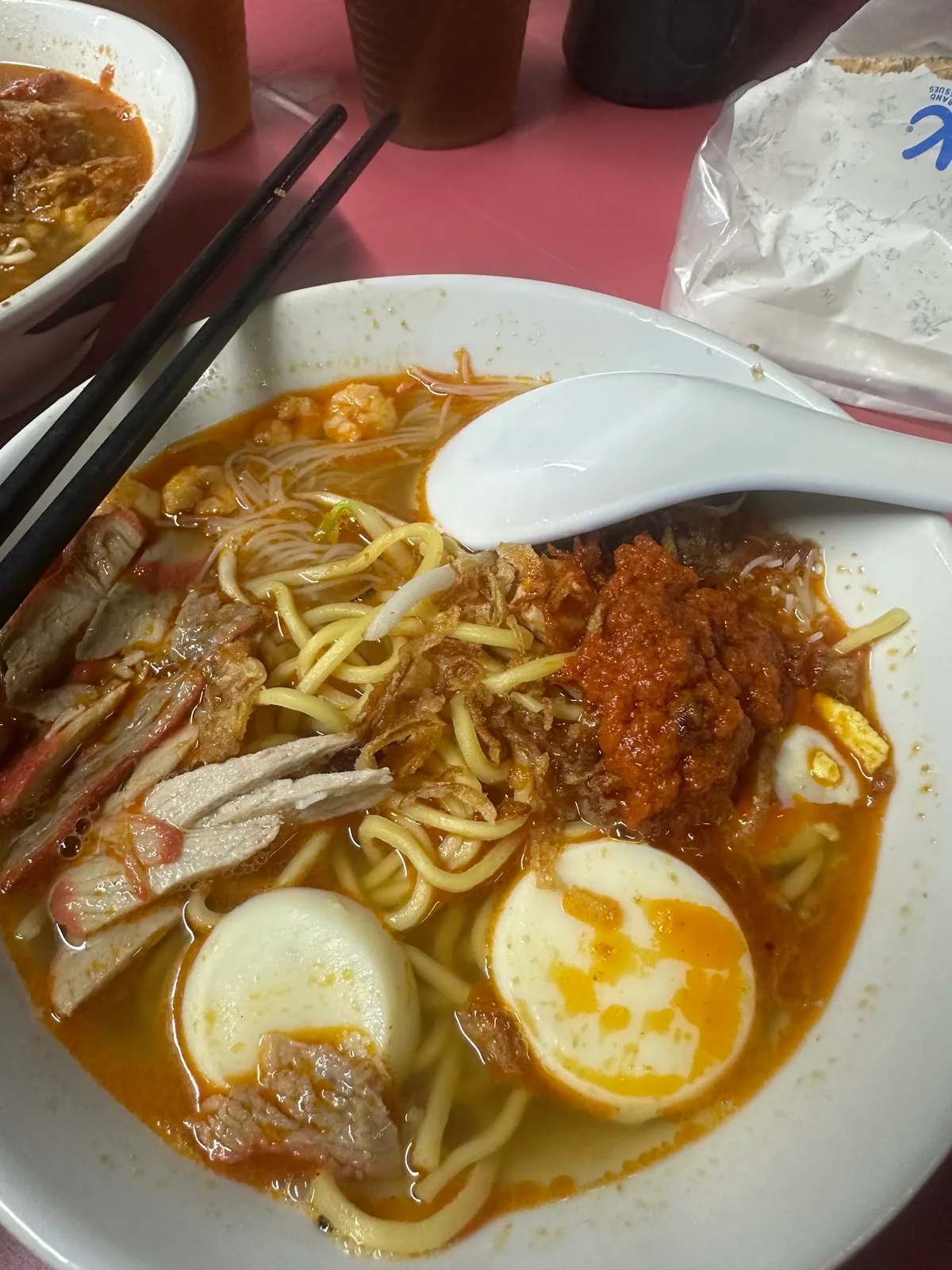 Hokkien mee with roast pork and egg