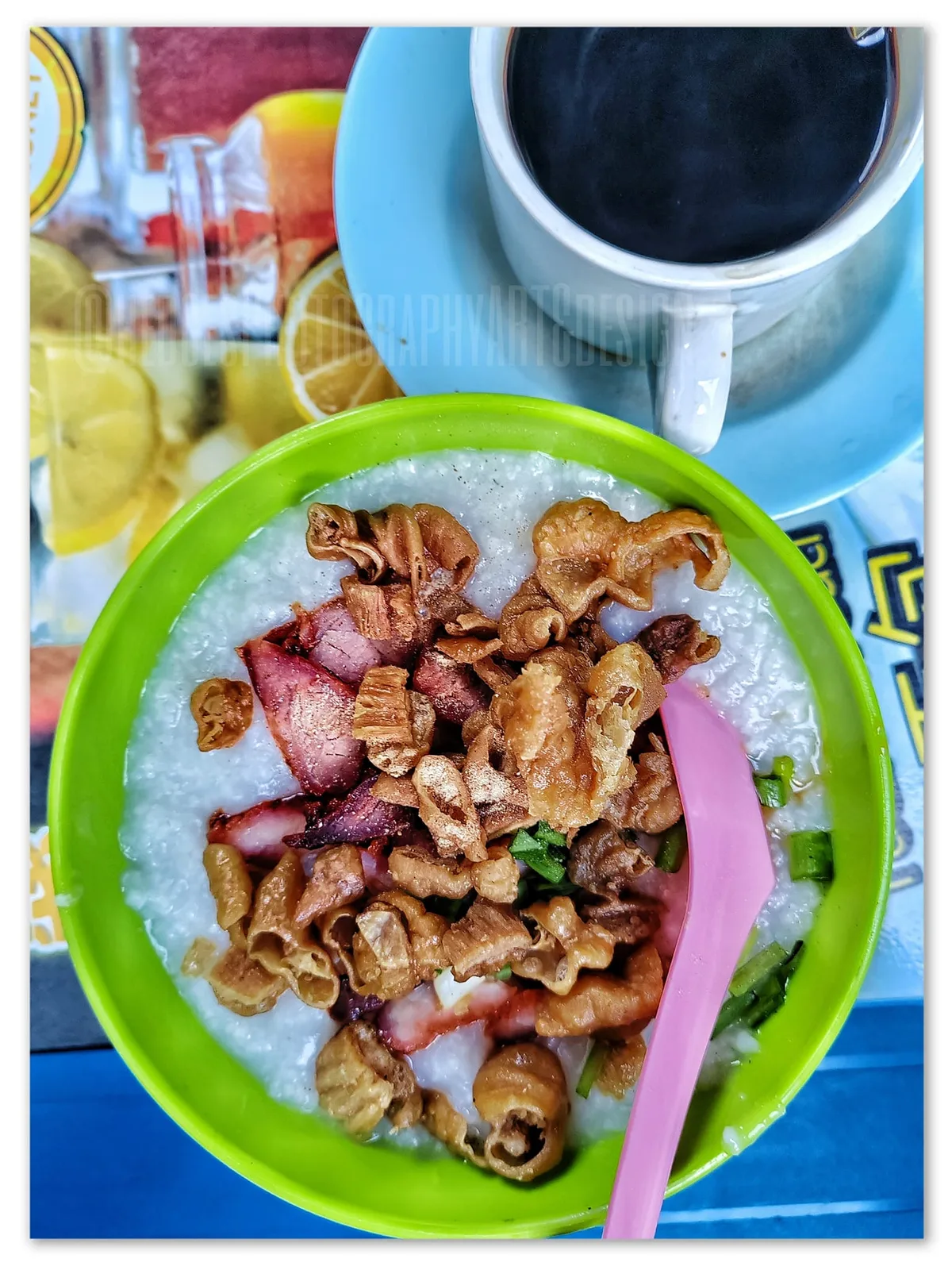 Pork innards porridge with char siu and a cup of kopi o at Bee Coffee