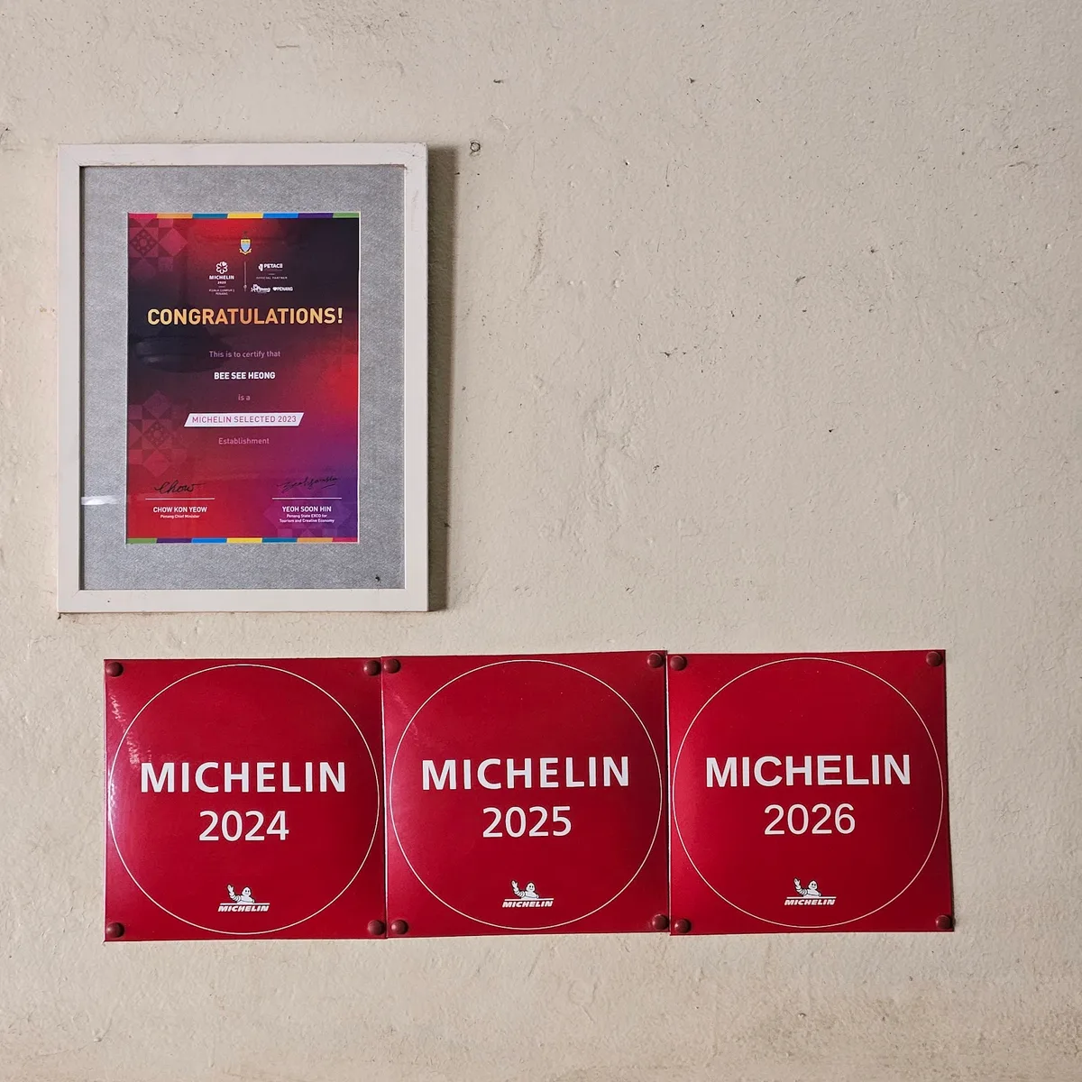 Michelin Selected plaques 2024 to 2026 on the wall