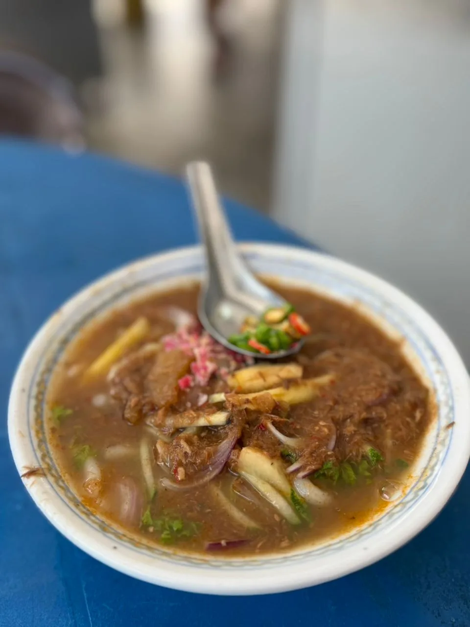 A bowl of noodles in a dark spiced broth