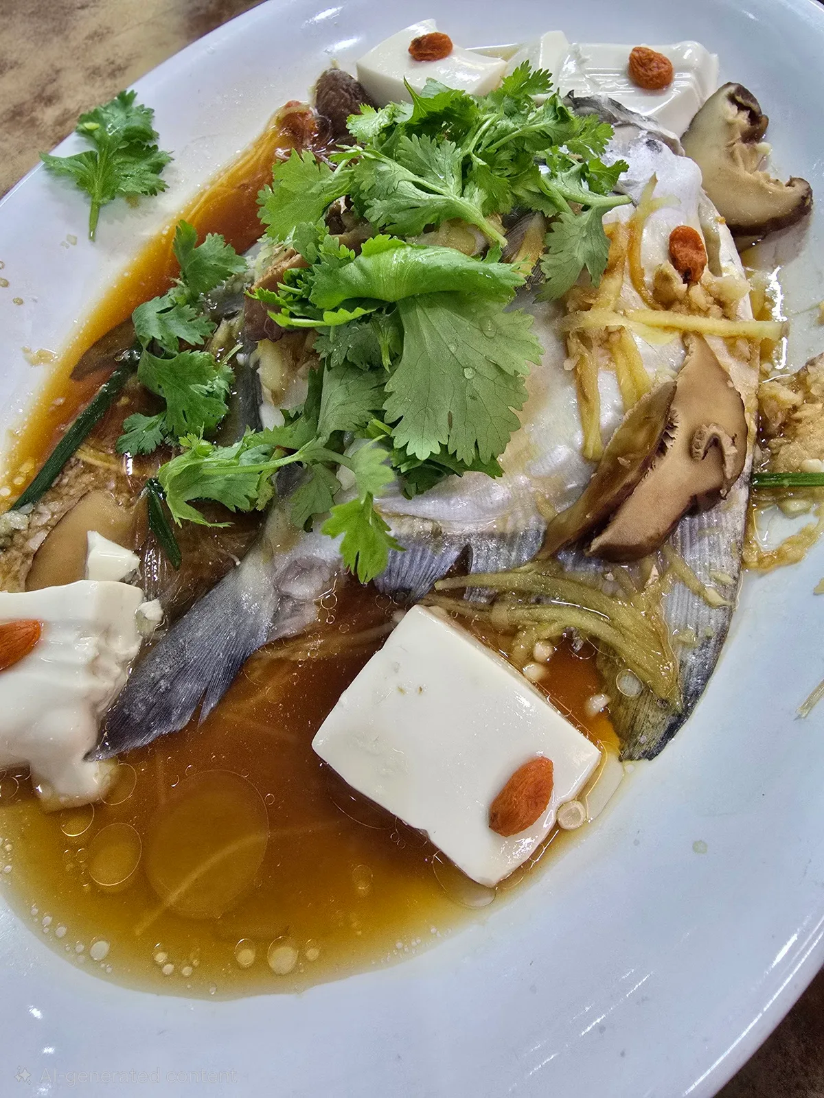 Steamed fish with tofu and mushrooms