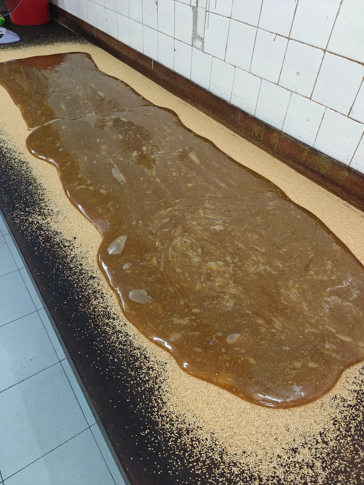 Maltose peanut candy setting on the slab