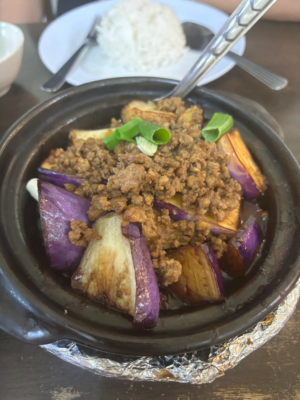 Claypot eggplant with minced pork