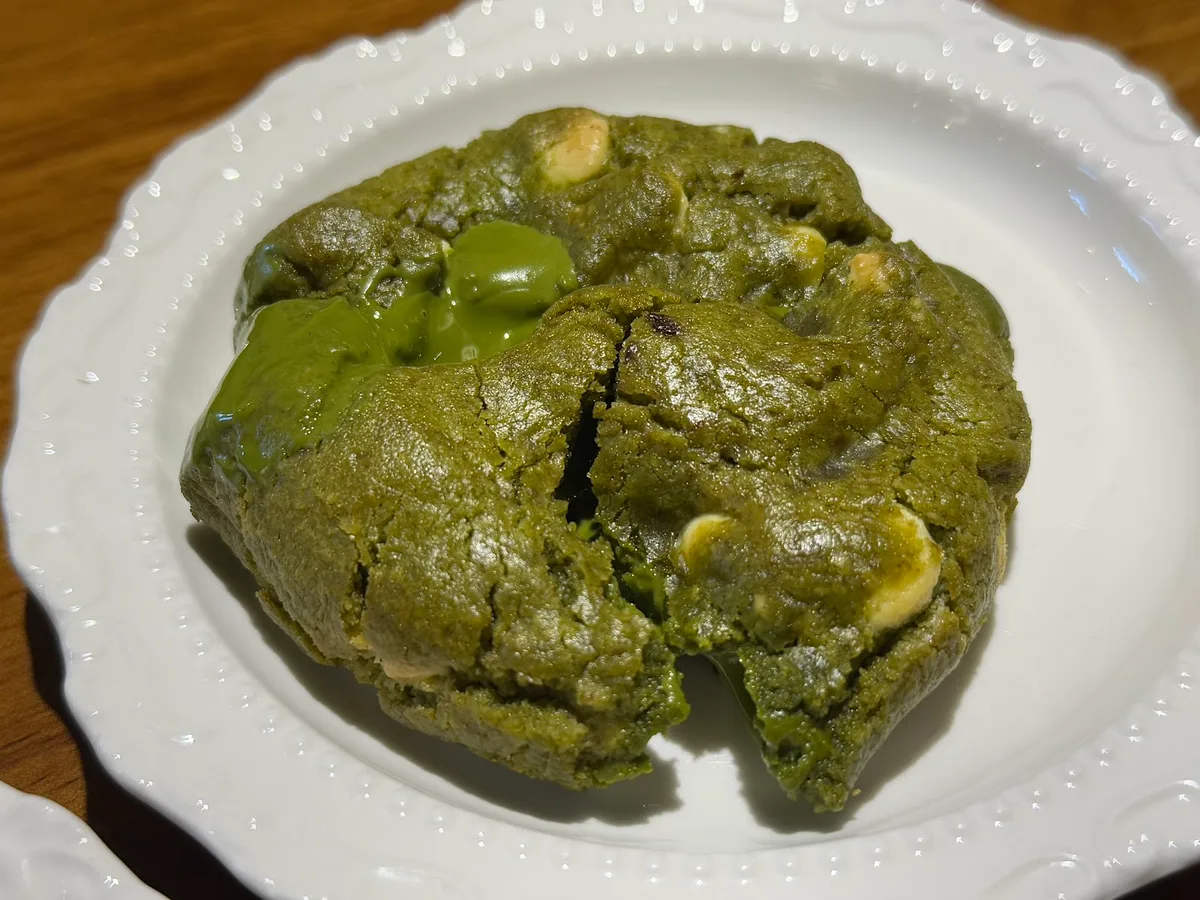 Matcha white chocolate cookie on a plate
