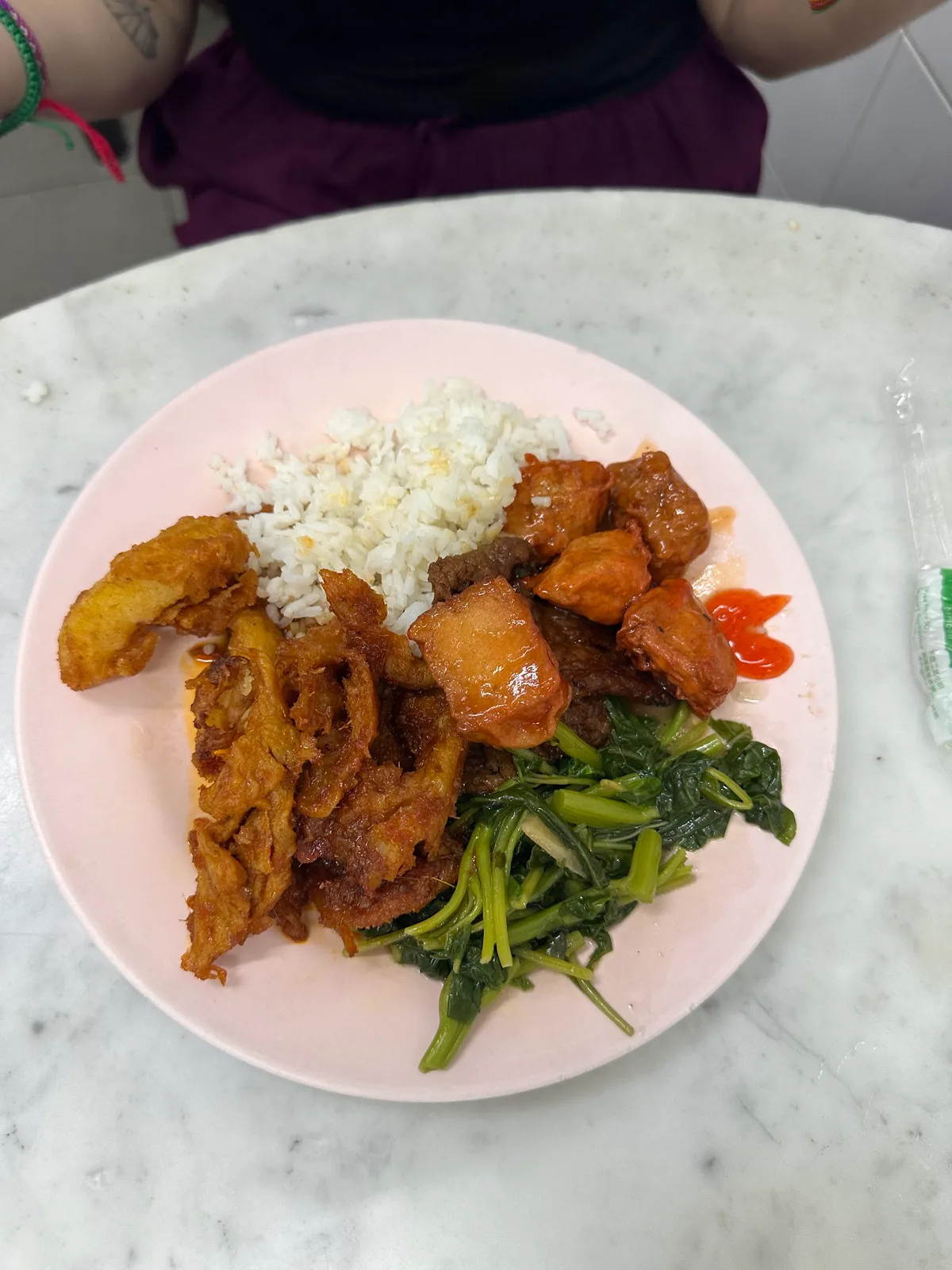 Vegetarian rice with fried bean curd and greens