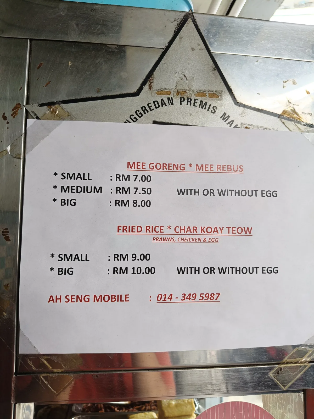Mee rebus and mee goreng price list