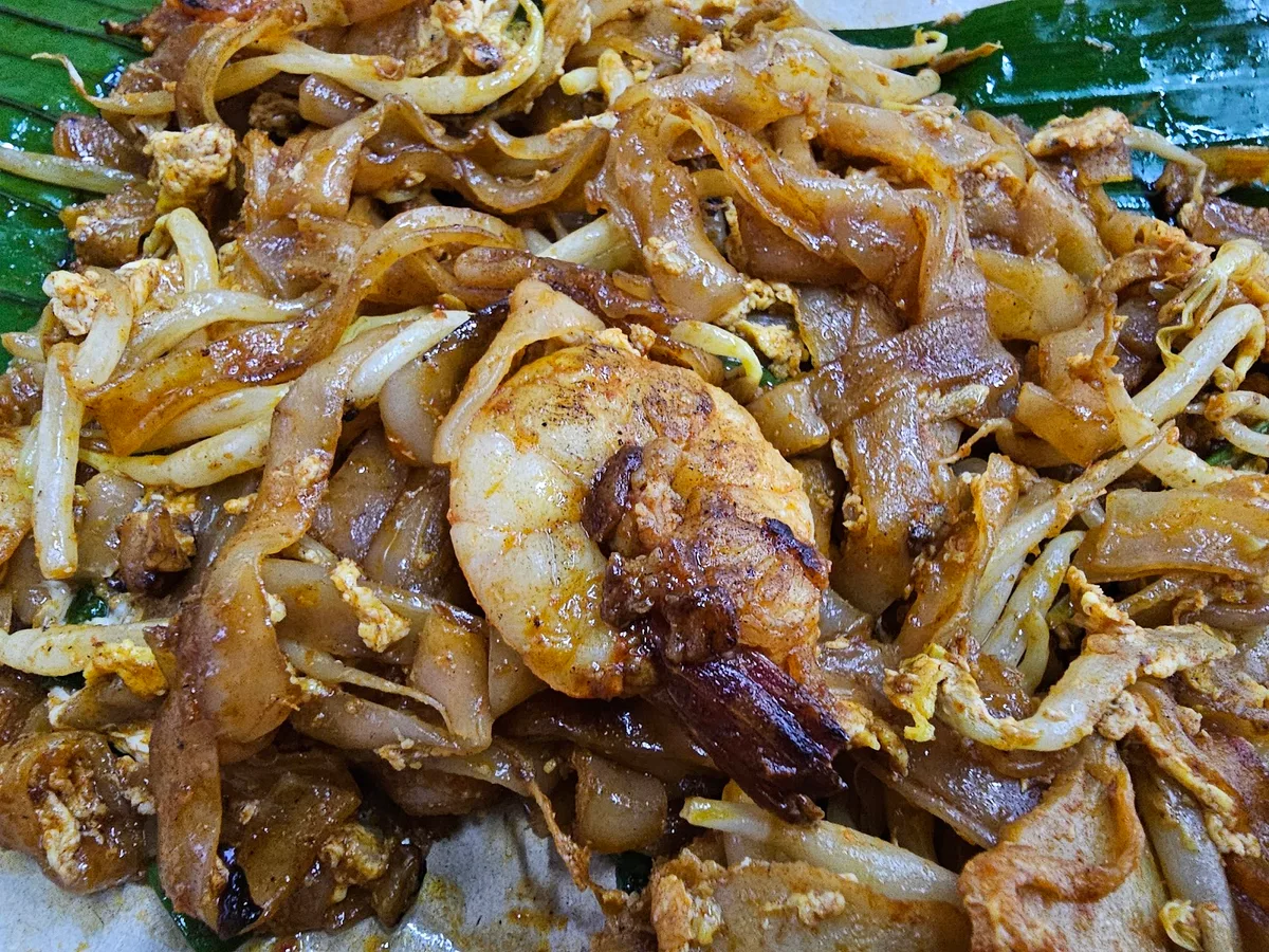 Char koay teow close-up with prawns