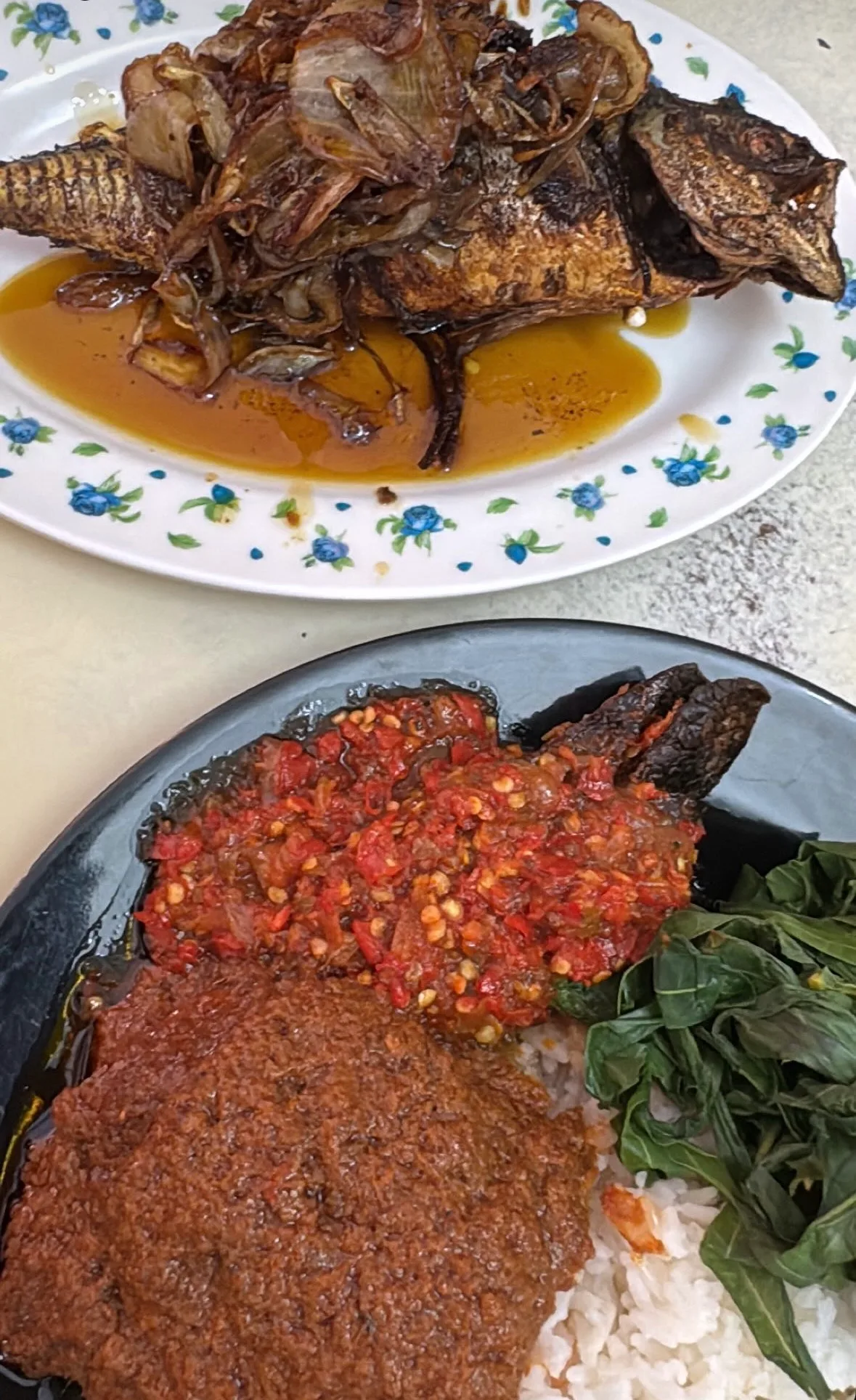 Fried fish with sambal and rendang