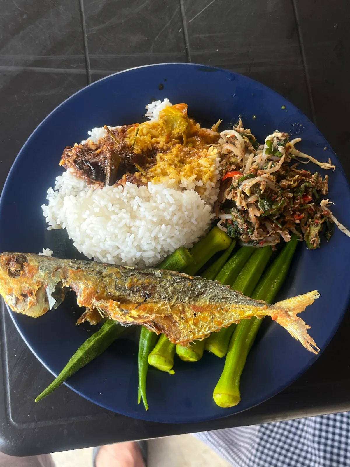 Rice with fried fish and long beans