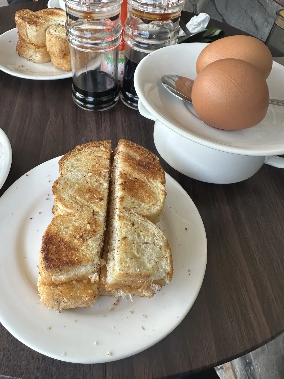 Roti bakar with soft-boiled eggs