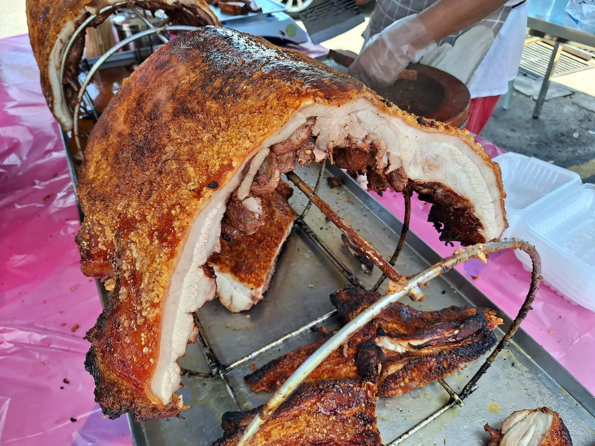 Crispy roast pork belly close-up