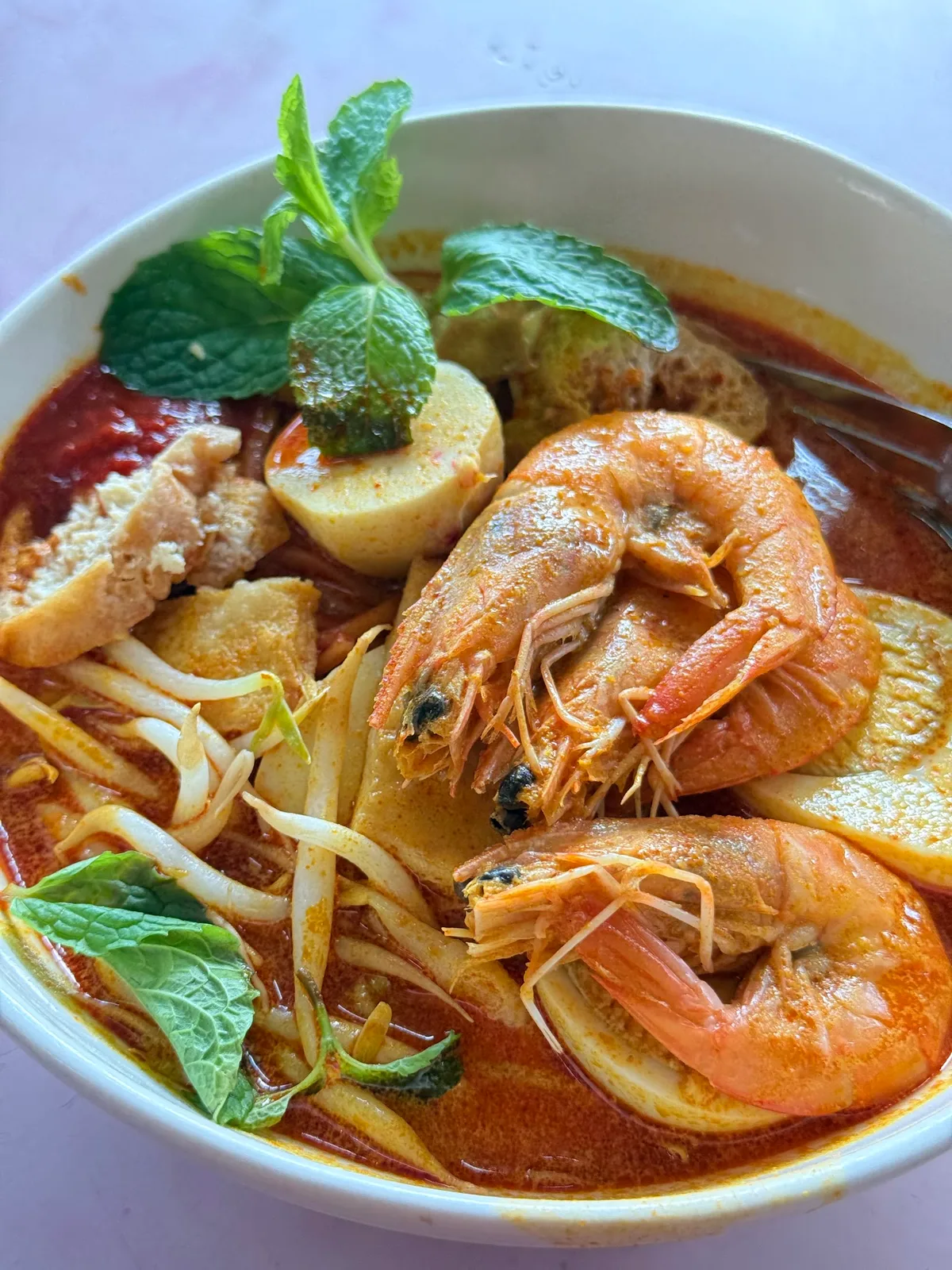 Mee kari udang with big prawns and mint