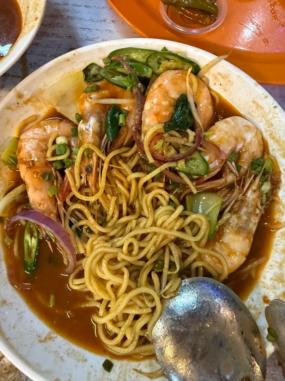 Mee udang noodles under whole prawns