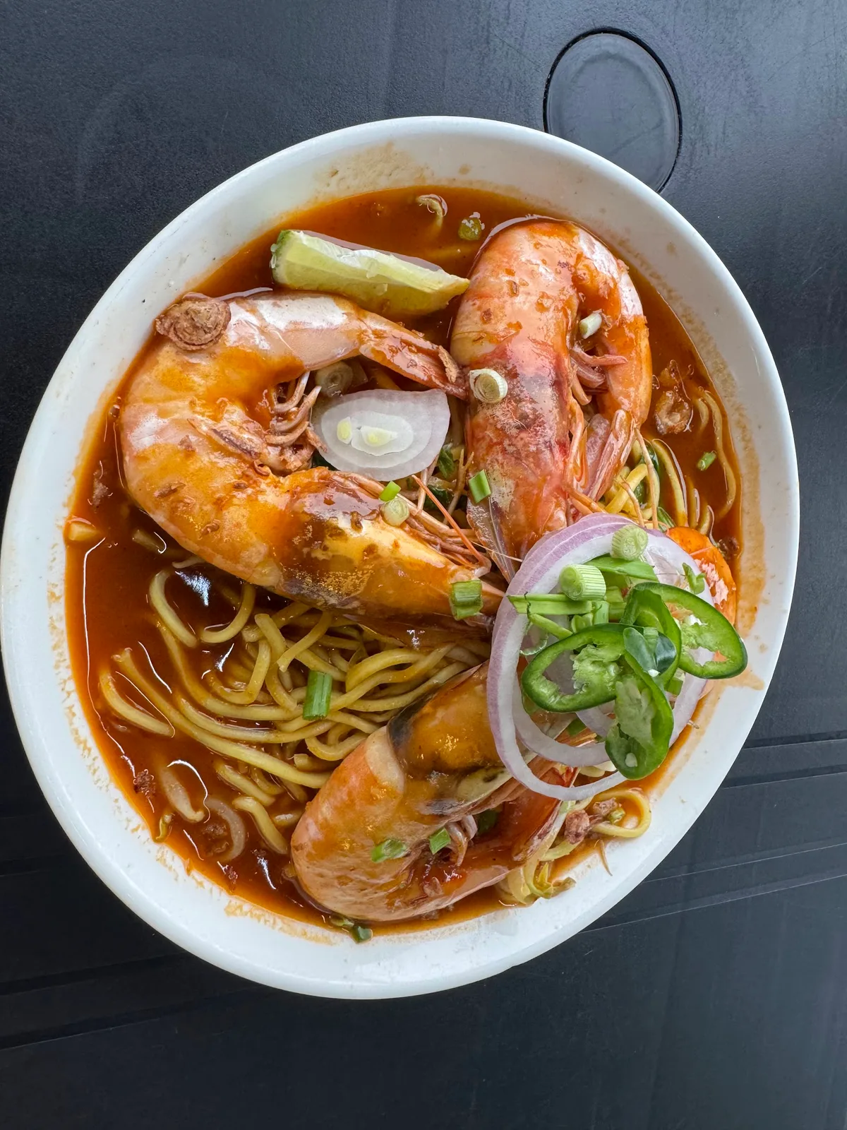 Mee udang in its red prawn gravy