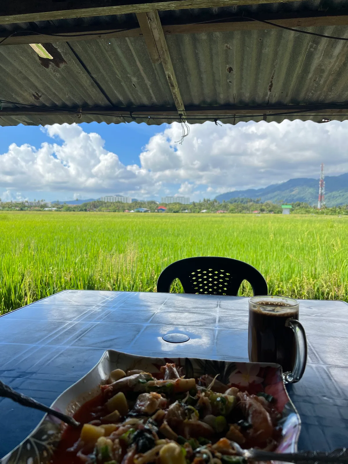 Mee udang at a table facing the Balik Pulau paddy fields