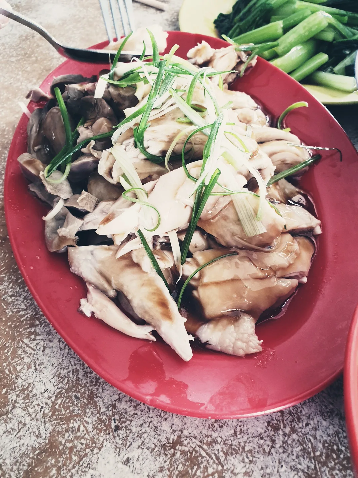 Plate of steamed chicken with spring onion