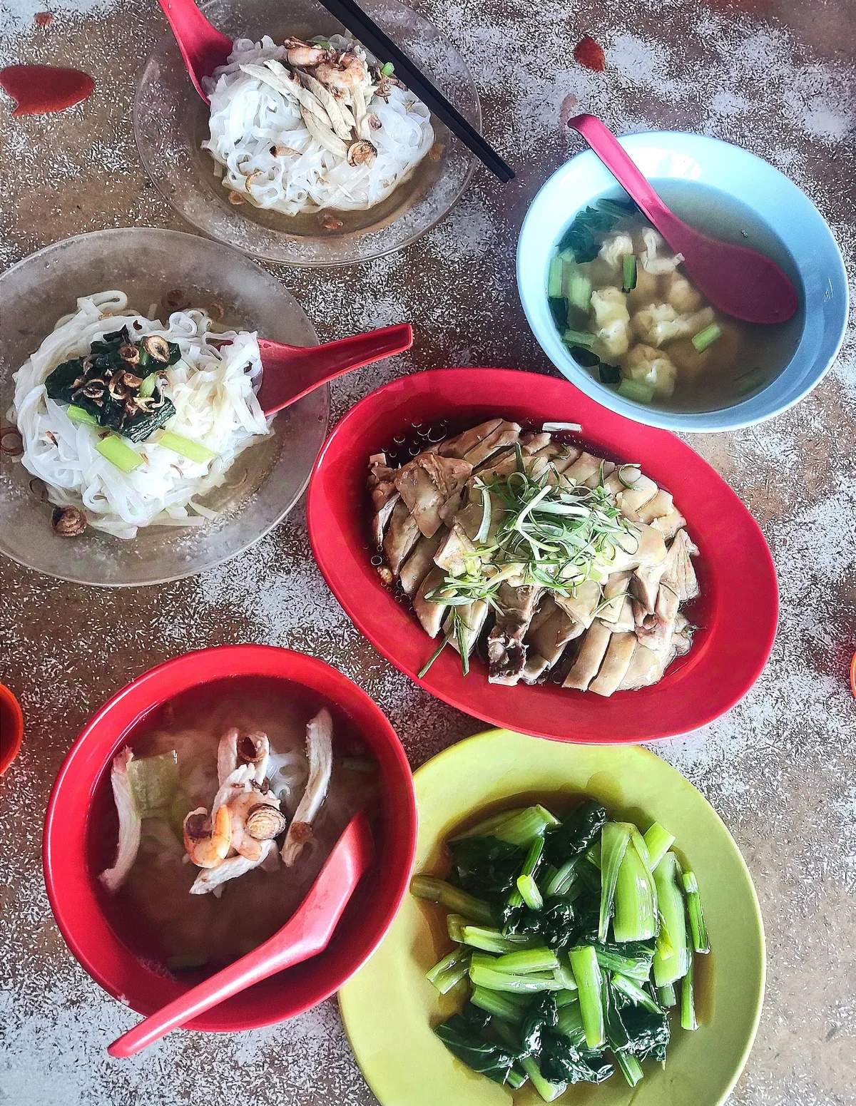 Hor fun, steamed chicken, greens and wonton spread