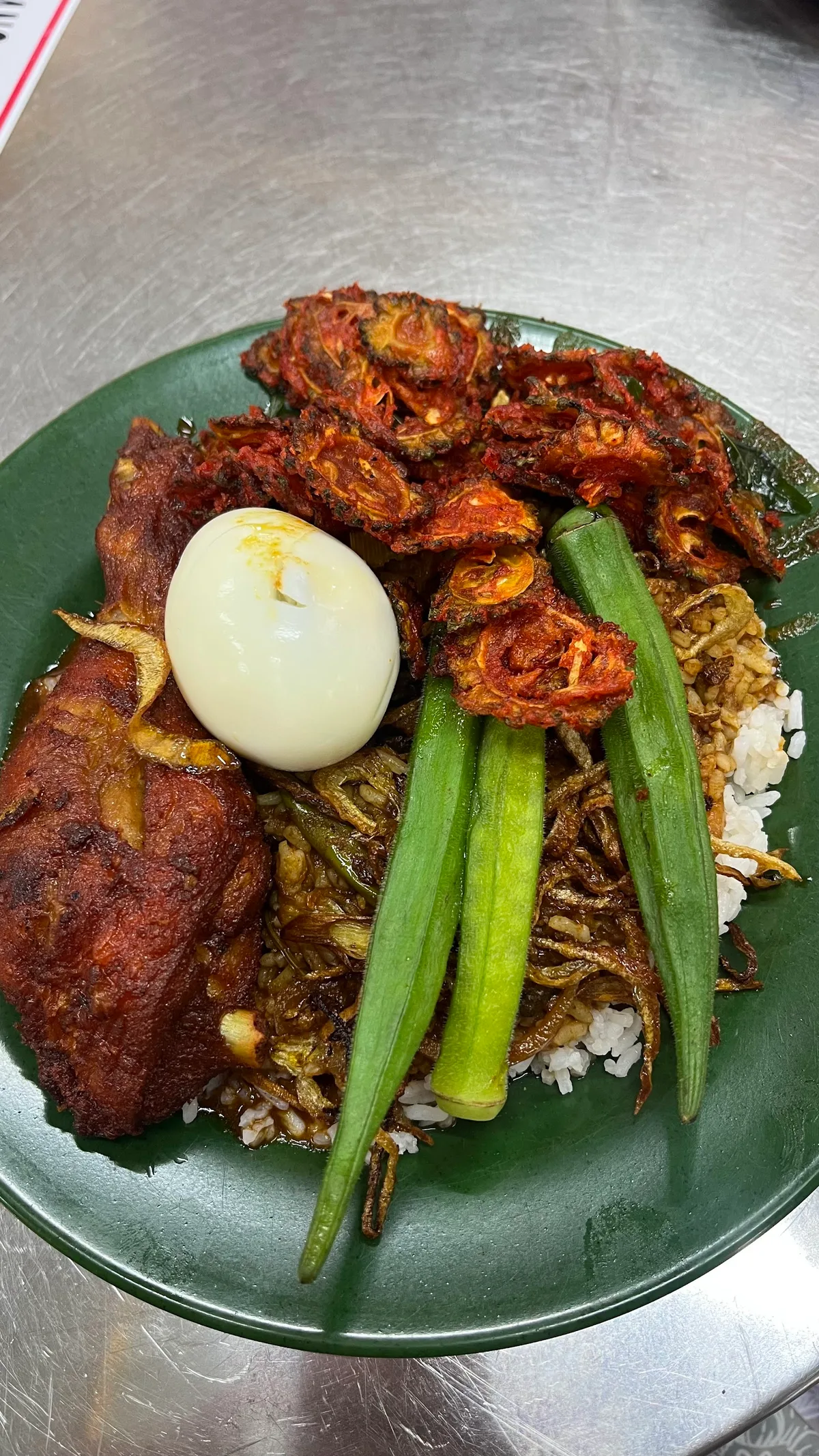 Nasi kandar with chicken, egg and okra