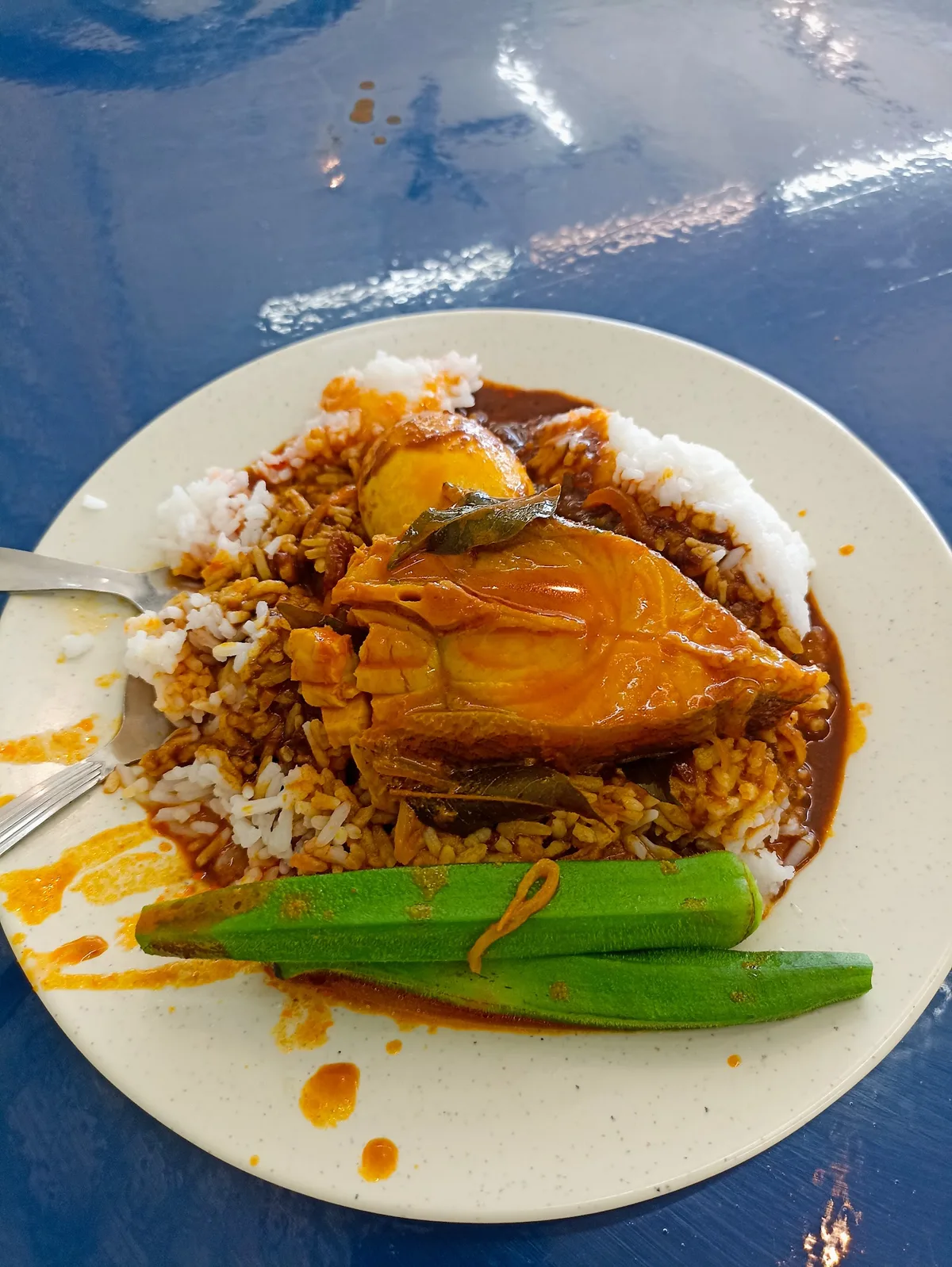 Nasi kandar with fish, egg and okra