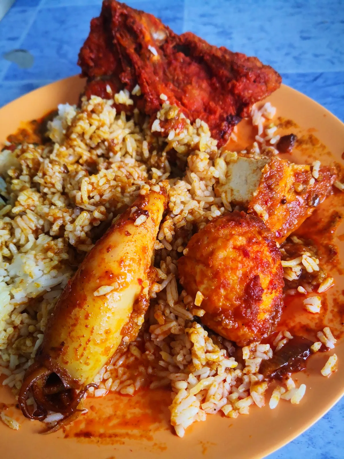 Nasi campur with sotong, egg and ayam
