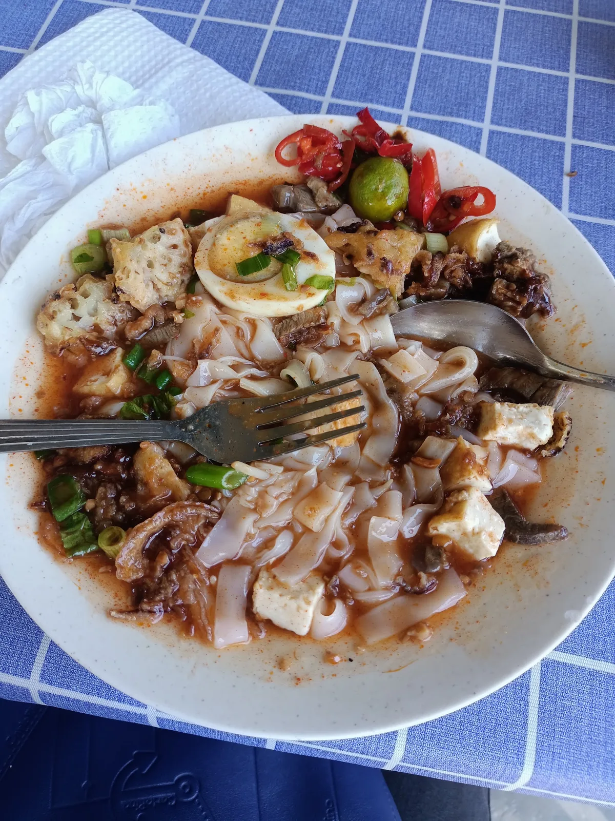 Kuey teow with tofu and egg in gravy