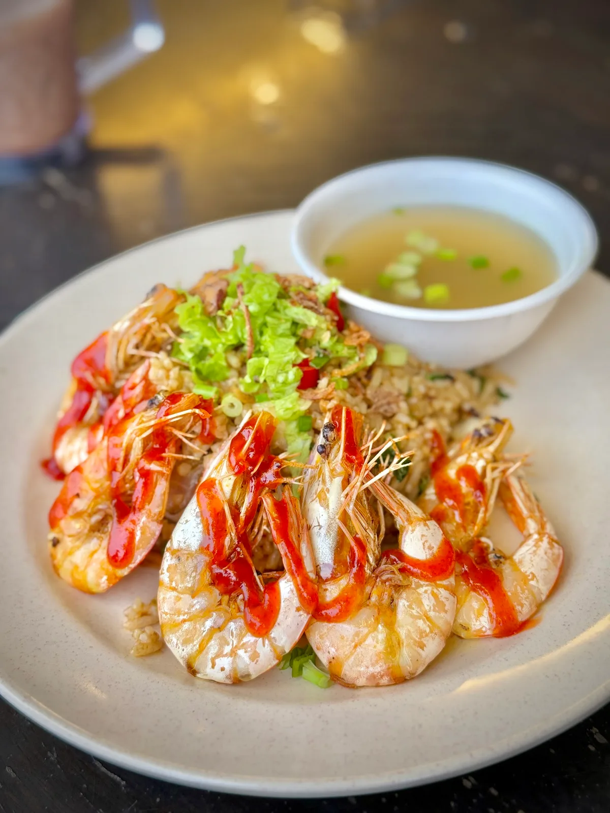 Dry-style mee udang with grilled prawns and soup