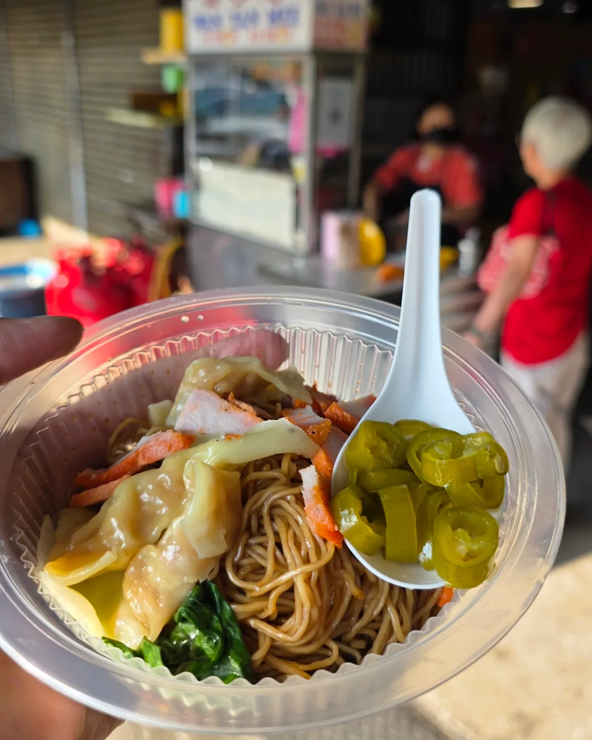 Wan tan mee with pickled green chillies