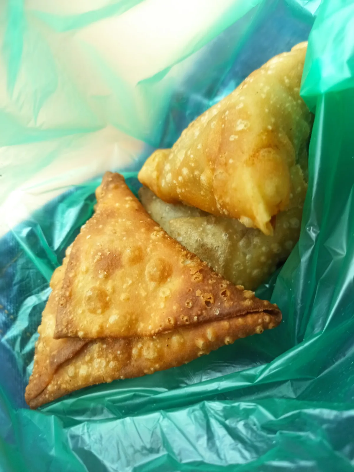 Two samosas in a bag
