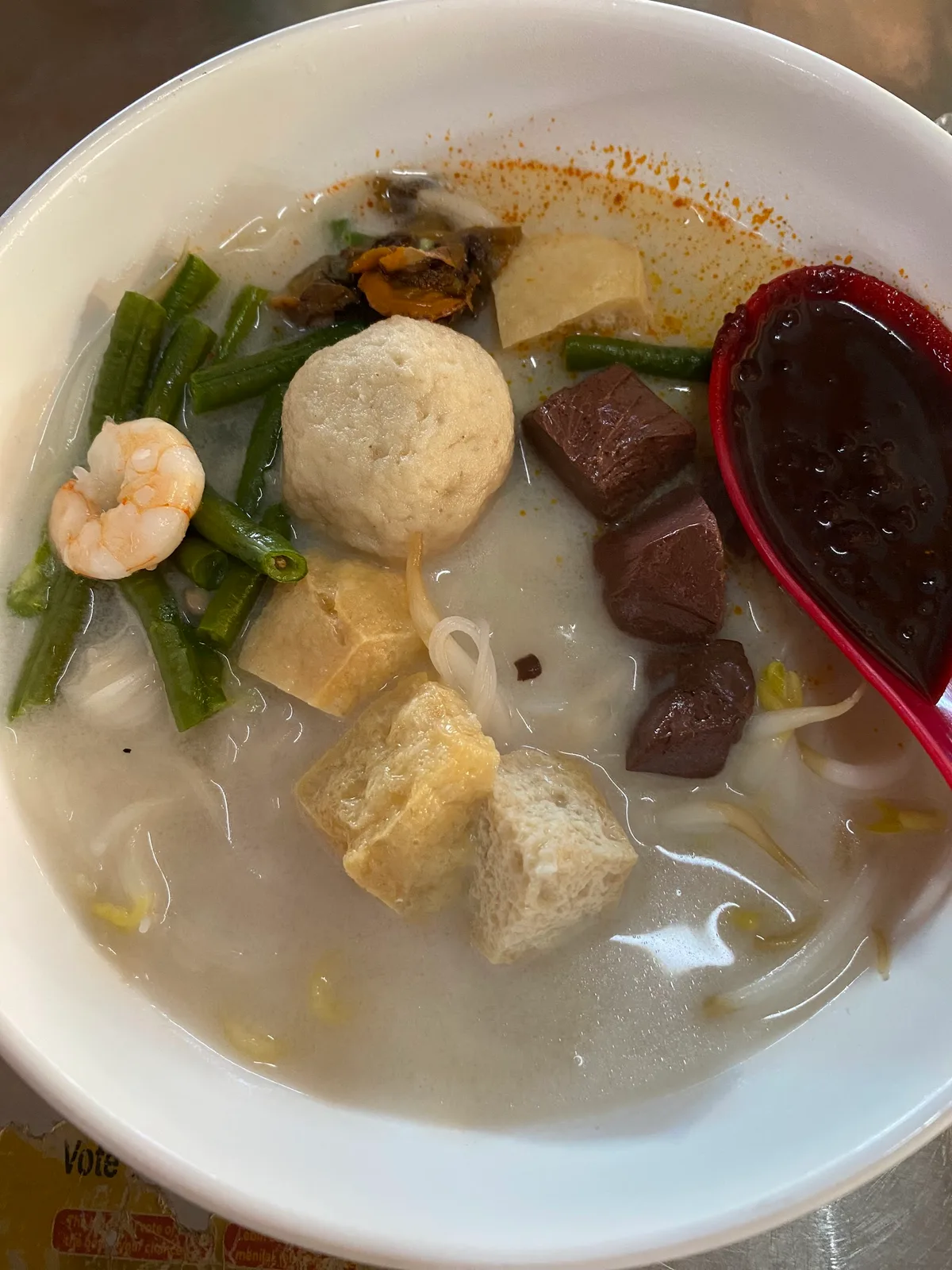 Koay teow thng with fishball and pig blood