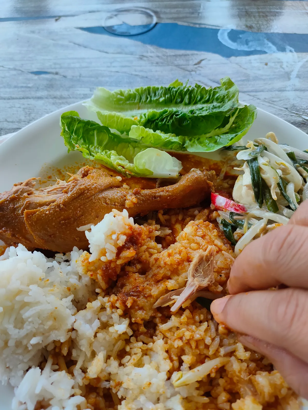 Rice plate with duck, fried chicken and ulam