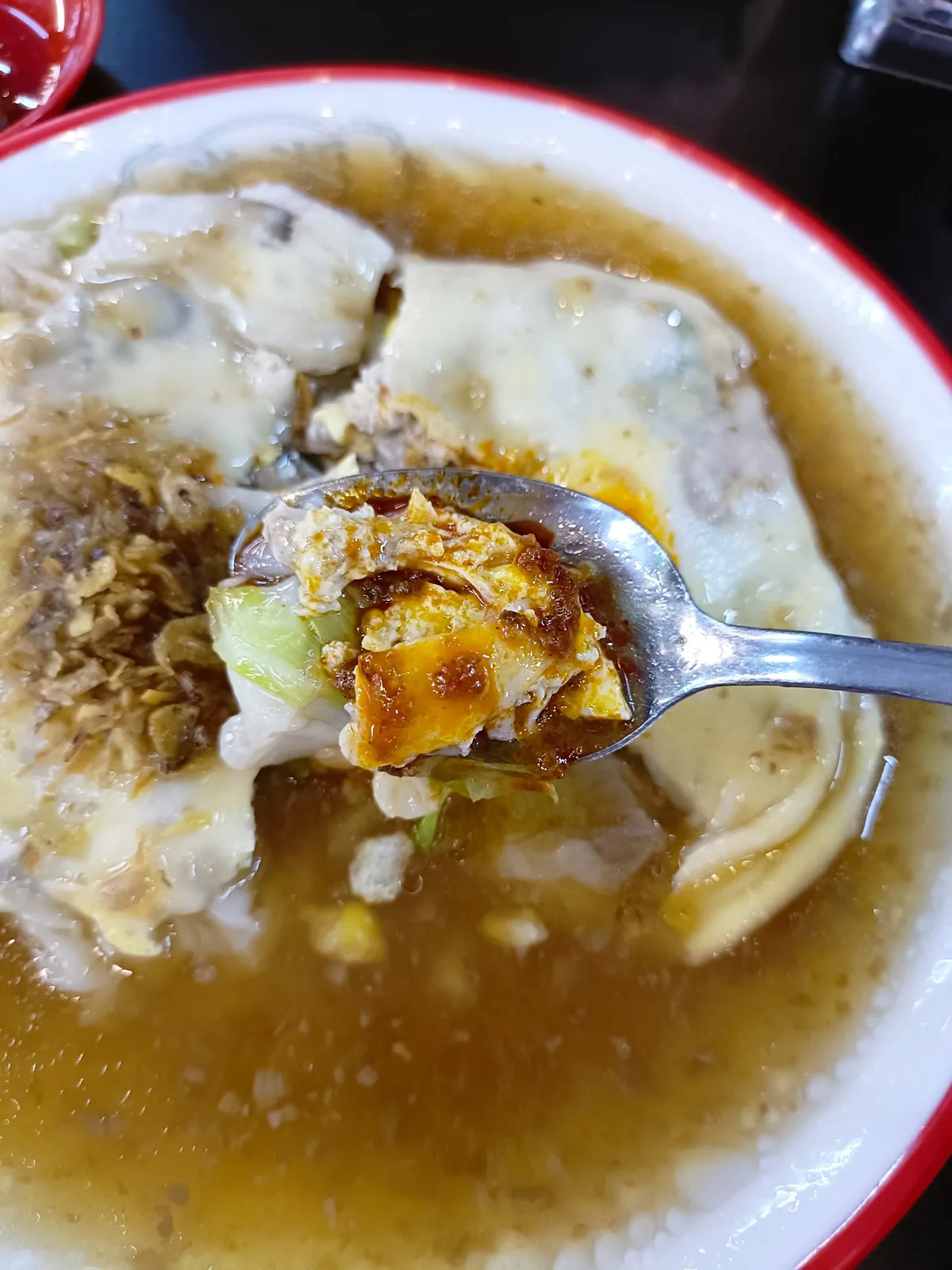 Cheong fun cut open to the egg and filling