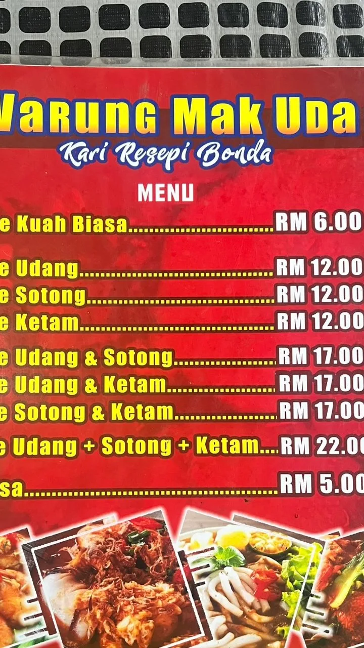 Menu: mee kuah RM6, with udang RM12, udang sotong ketam RM22