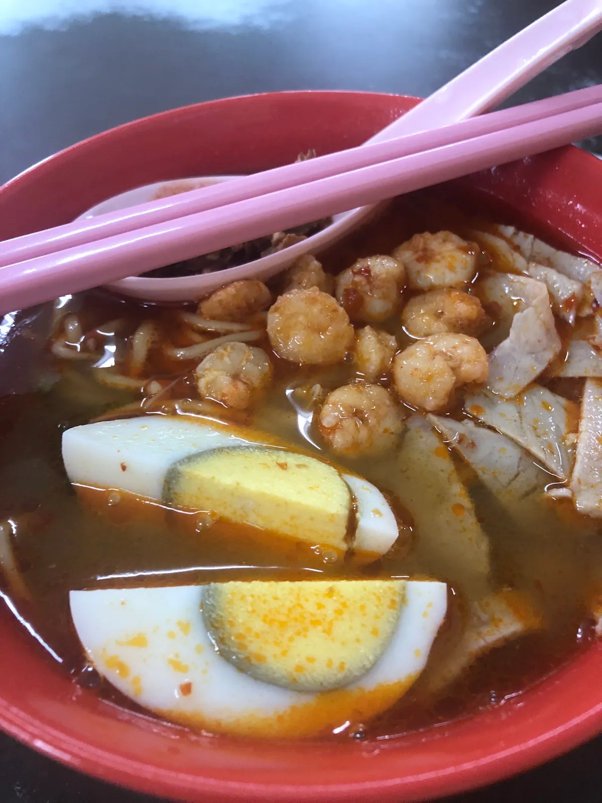 Hokkien mee with small prawns and boiled egg