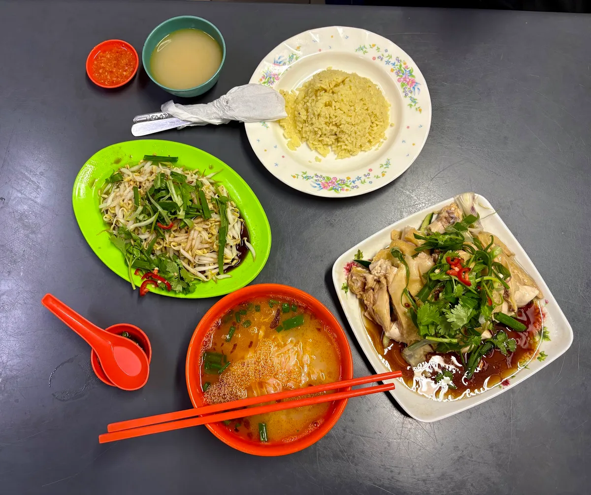 Chicken, bean sprouts and hor fun soup