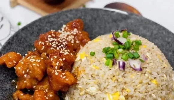 Fried rice with sweet and sour chicken